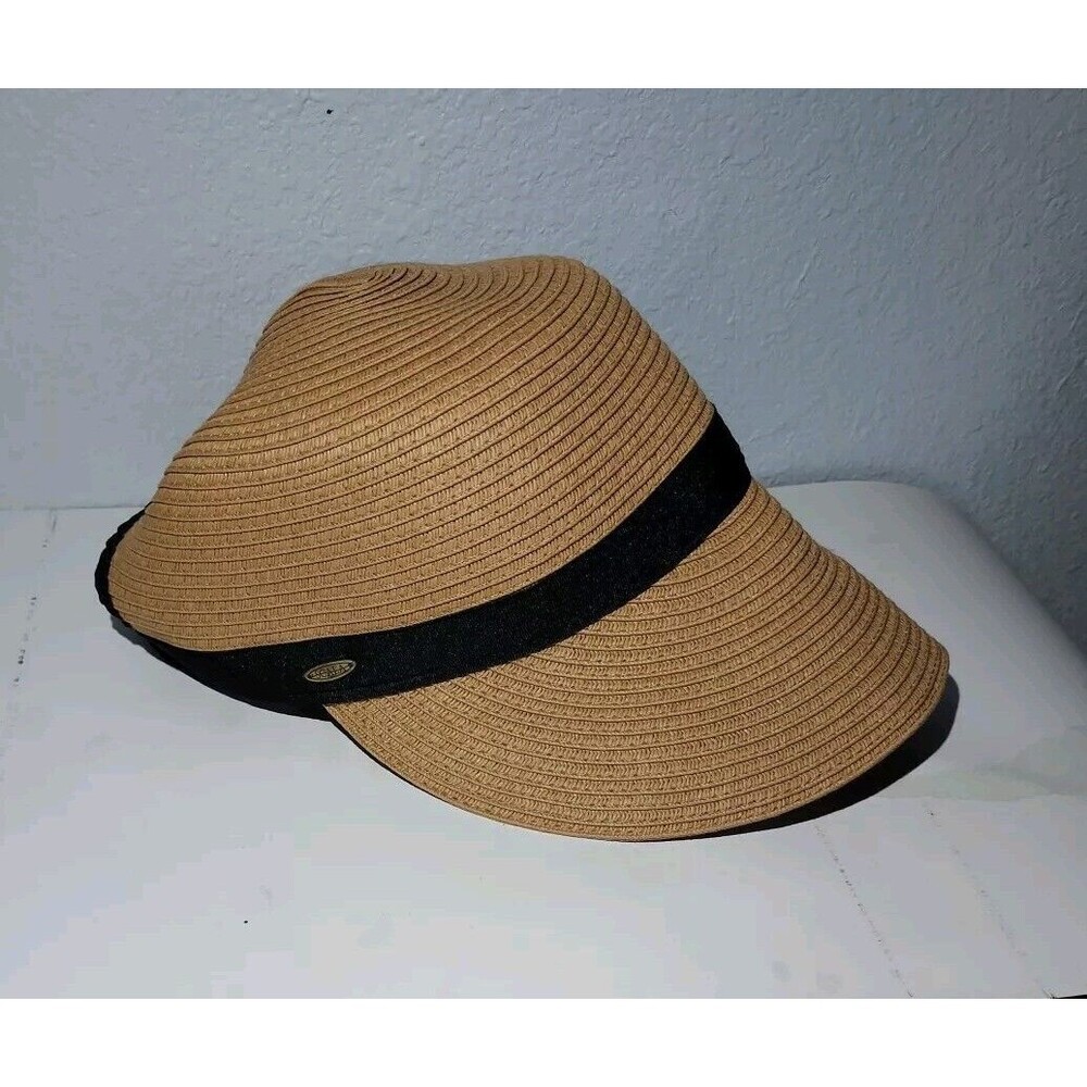 Scala Women's Handmade Braided Cloche Hat Straw Brown with Black Trim Adjustable